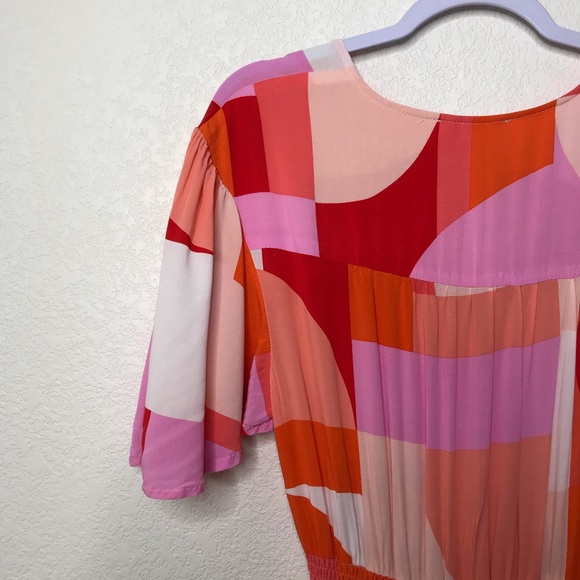 ABEL THE LABEL Ruffled Hem Flutter Sleeve Midi Dress Bright Abstract Geometric - Picture 7 of 13